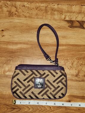 Tignanello Brand Purple Trim Brown Patterned Wristlet